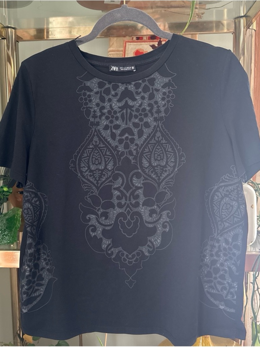 ZARA Black Short-Sleeve Tee with sheer Tonal Ornate Print